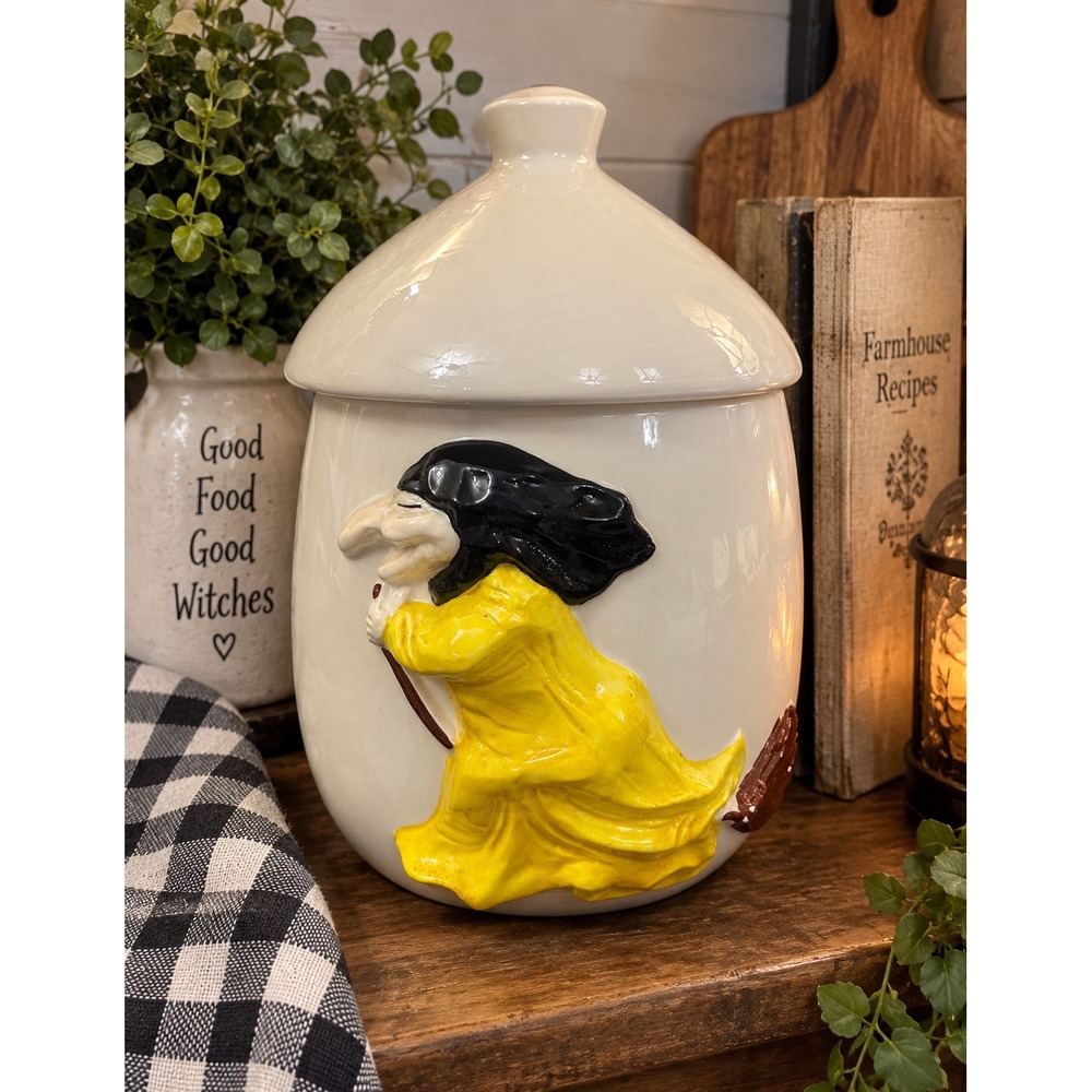 Vintage 1970s Kitchen Witch Baba Yaga Ceramic Cookie Jar Canister Folk Art 3D